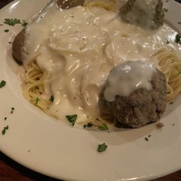 Built my own pasta with alfredo, sausage and HUGE meatballs Built my own pasta with alfredo, sausage and HUGE meatballs