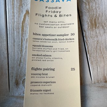 Cassava - Foodie Friday Flights & Bites Prefix menu at Cassava in San Francisco. - Cafes Near Me - San Francisco, California Cassava - Foodie Friday Flights & Bites Prefix menu at Cassava in San Francisco. - Cafes Near Me - San Francisco, California