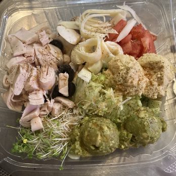 ThunderCloud Subs - Turkish Delight sub in a bowl: turkey, avocado, cucumbers, tomatoes, onions, mushrooms, sprouts, olives, hummus or cream cheese - Sandwiches Near Me - Austin, Texas