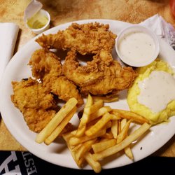 Bar-H Steakhouse - My meal chicken strips, mash potatoes with white gravy & fries