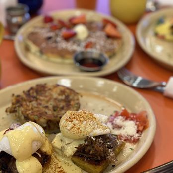 Snooze, an A.M. Eatery - Benny duo, scrambled eggs, and strawberry pancake. - Breakfast & Brunch Near Me - Phoenix, Arizona Snooze, an A.M. Eatery - Benny duo, scrambled eggs, and strawberry pancake. - Breakfast & Brunch Near Me - Phoenix, Arizona