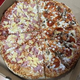 Half Hawaiian and half pepperoni with onion Half Hawaiian and half pepperoni with onion