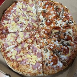Potter's Pizza - Half Hawaiian and half pepperoni with  onion
