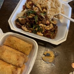 Rosi's Chinese Express - Mongolian beef extra spicy with 5 egg rolls for $6