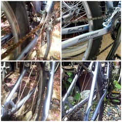 Bill's Bike Repair - Top is my Chain, before and after and bottom is my broken spoke tire rim, before and after Bill fixed it up!