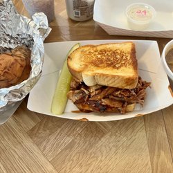 Ron's Roadside Grille - Smoked sweet potato, pulled pork on Texas toast, and baked beans. I didn't photo the wings because they were so good, I inhaled them all.