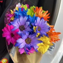 a bouquet of flowers in a car