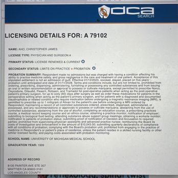 Christopher J Aho, MD - Christopher  Aho ' s. Probation info recorded on the Medical Board California-  he  is a medical Murder with License !! - Spine Surgeons Near Me - Santa Clarita, California