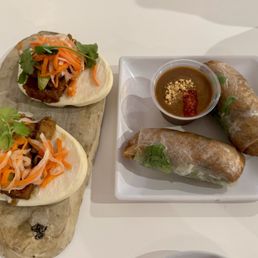 Lemongrass tofu bao bun and tofu spring rolls