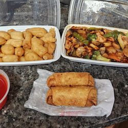 Ho Ho China Wok - Pork fried rice, sweet and sour chicken, Kung Poa chicken, 2 pork egg rolls, and vegetable lo mein.