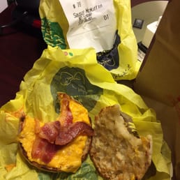 The pathetic excuse for a bacon egg and cheese on a biscuit. No egg at all, no biscuit. Should have gone to Dunkin Donuts