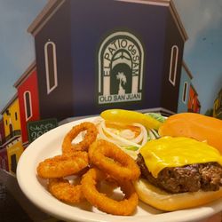 Sam's American Cheese Burger with onion rings