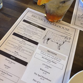 Brunk's Steakhouse - Our private event menu and an Old Fashioned from the bar. Loved the double bourbon cherry, but wish it was one big ice cube. - Steakhouses Near Me - Norco, California Brunk's Steakhouse - Our private event menu and an Old Fashioned from the bar. Loved the double bourbon cherry, but wish it was one big ice cube. - Steakhouses Near Me - Norco, California