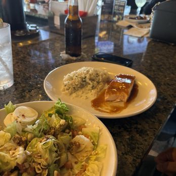 Dee Jay's BBQ Ribs & Grille - Collier - Glazed salmon with rice, side salad - Barbeque Near Me - Bridgeville, Pennsylvania