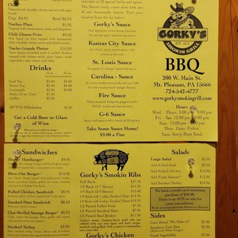 Gorky's Smokin Grill - a menu for a bbq - Barbeque Near Me - Mt Pleasant, Pennsylvania
