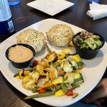 Miller's Waterfront Restaurant - Crab cakes with the slaw and mixed veggies. Slaw is no good. - Seafood Near Me - Nags Head, North Carolina
