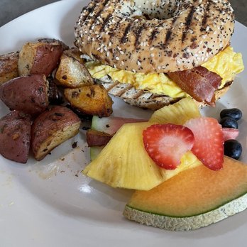 Little Branch Cafe - Bagel Sandwich with fruit and potatoes - Breakfast & Brunch Near Me - Chicago, Illinois Little Branch Cafe - Bagel Sandwich with fruit and potatoes - Breakfast & Brunch Near Me - Chicago, Illinois