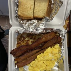 Kawkawlin Restaurant - 2 scrambled eggs, bacon, hash browns and Texas toast.