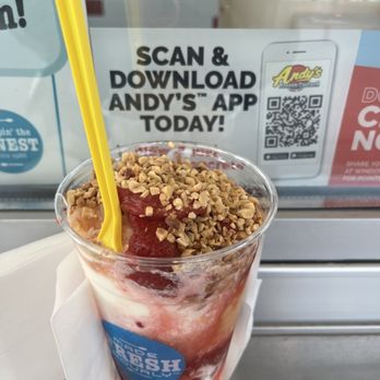 Andy's Frozen Custard - A Large vanilla frozen custard with crushed pineapples, peanuts, and strawberries - Ice Cream & Frozen Yogurt Near Me - Carrollton, Texas