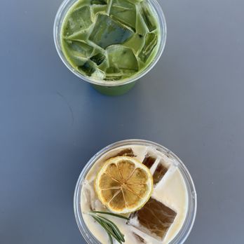 Work in Progress - iced rosemary latte + iced matcha mint latte - Wine Bars Near Me - Costa Mesa, California Work in Progress - iced rosemary latte + iced matcha mint latte - Wine Bars Near Me - Costa Mesa, California