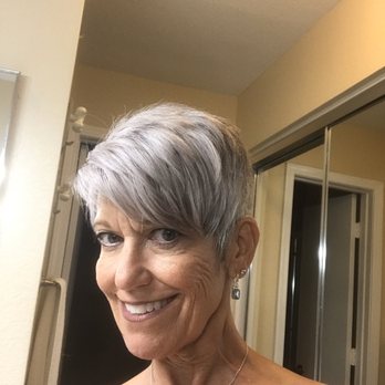 The Root Salon - My after pic!! Oliver worked with my natural gray to give me the color all the young adults want! - Hair Salons Near Me - Phoenix, Arizona