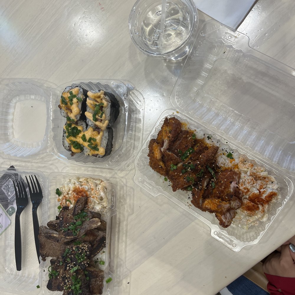 Shootz - Spam musubi, Kimchi Chicken katsu, kalbi with carryout add-ons (1 napkin, two forks) - Hawaiian Near Me - Stanton, California Shootz - Spam musubi, Kimchi Chicken katsu, kalbi with carryout add-ons (1 napkin, two forks) - Hawaiian Near Me - Stanton, California