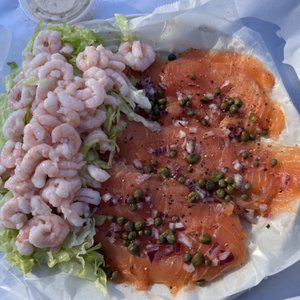 Photo of Swan Oyster Depot - San Francisco, CA, United States. Smoked salmon with a bed of lettuce and small shrimp