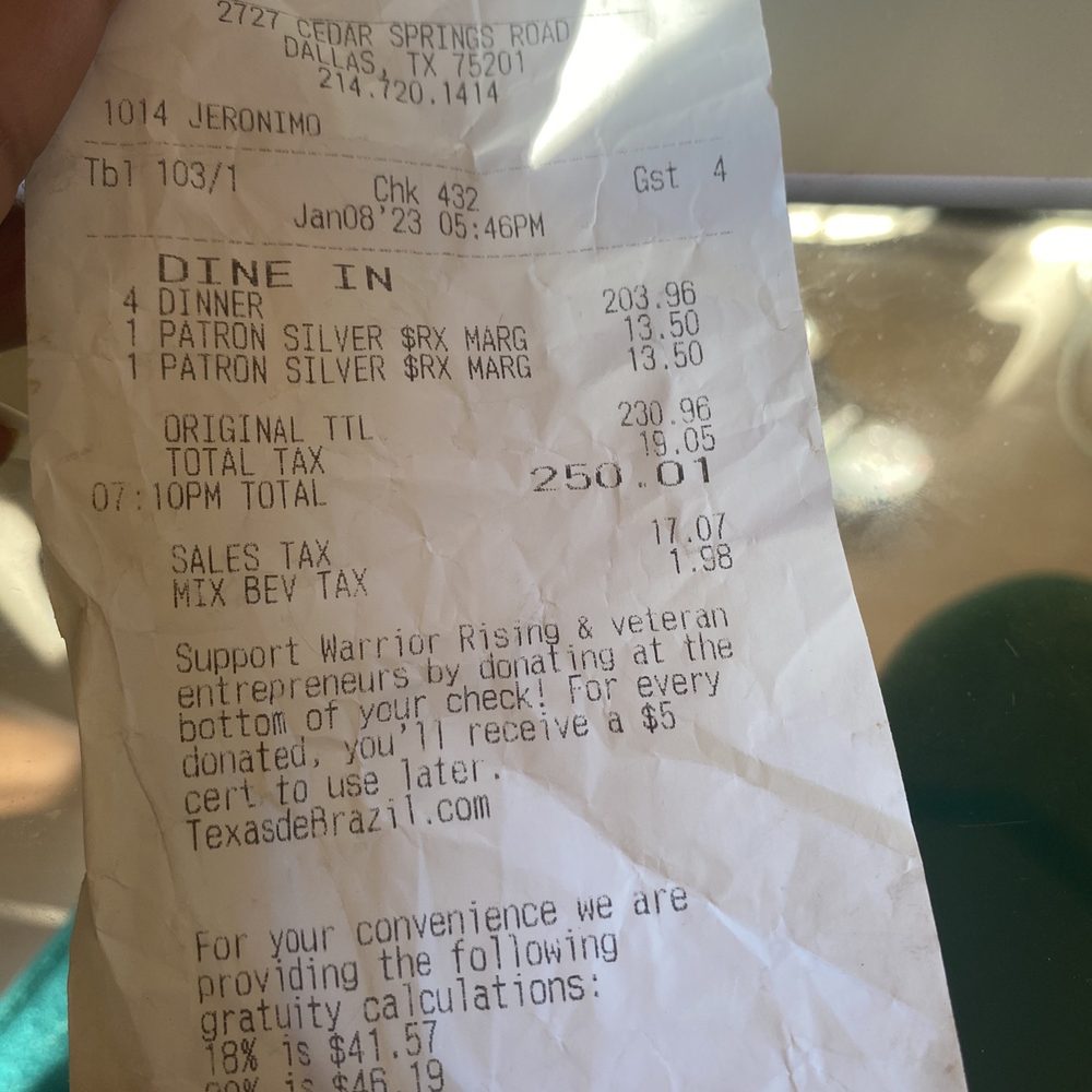 Texas de Brazil - Receipt - Brazilian Near Me - Dallas, Texas Texas de Brazil - Receipt - Brazilian Near Me - Dallas, Texas