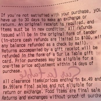 Sur La Table - My receipt says returns within 30 days - Cooking Classes Near Me - Boca Raton, Florida