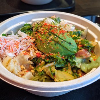 Poke Bar - Large poke bowl (4 proteins, 2 sides, $13.95) plus kale noodles ($1) and avocado ($1). I got a little bit of everything. - Poke Near Me - Atlanta, Georgia Poke Bar - Large poke bowl (4 proteins, 2 sides, $13.95) plus kale noodles ($1) and avocado ($1). I got a little bit of everything. - Poke Near Me - Atlanta, Georgia