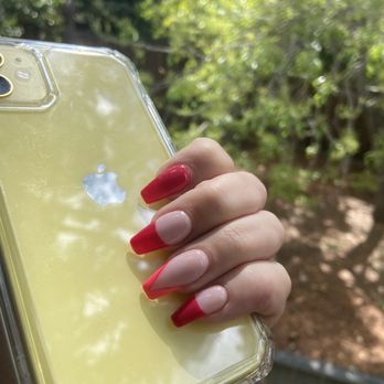 Nail Bar - Mountain View - 3 French tip curved across, 1 full color, 1 French tip triangle with design - Nail Salons Near Me - Mountain View, California Nail Bar - Mountain View - 3 French tip curved across, 1 full color, 1 French tip triangle with design - Nail Salons Near Me - Mountain View, California