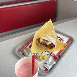 Chili cheese burger and strawberry shake
