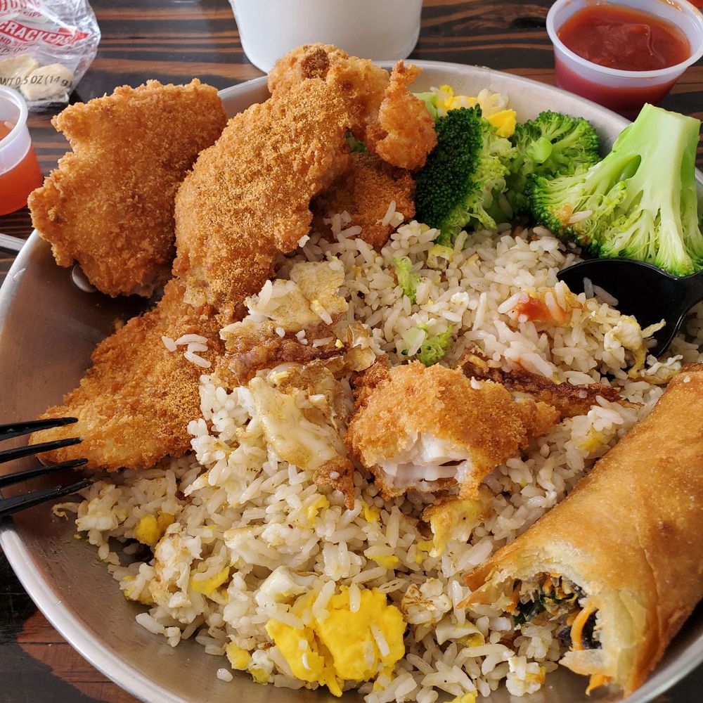 Lemon Crab - Fried fish filet over fried rice with egg roll and broccoli - Seafood Near Me - Hayward, California Lemon Crab - Fried fish filet over fried rice with egg roll and broccoli - Seafood Near Me - Hayward, California