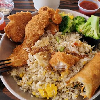 Lemon Crab - Fried fish filet over fried rice with egg roll and broccoli - Seafood Near Me - Hayward, California Lemon Crab - Fried fish filet over fried rice with egg roll and broccoli - Seafood Near Me - Hayward, California