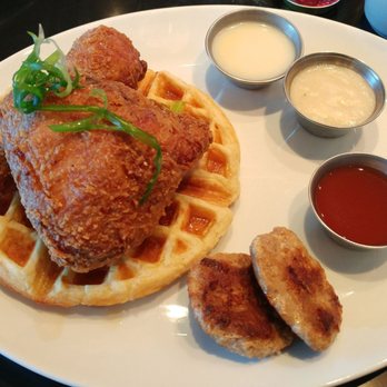 The Bro'Kin Yolk - Chicken and Waffle w/ Homemade Sausage & White Chocolate Lavender Sauce - Breakfast & Brunch Near Me - Calgary, Alberta