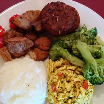 ELife Restaurant - Vegan brunch:  sausage, tofu scramble, grits, broccoli, and potatoes - Vegan Near Me - Capitol Heights, Maryland