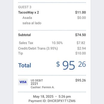 TacosWay - Receipt wit credit fee added - Mexican Near Me - San Fernando, California TacosWay - Receipt wit credit fee added - Mexican Near Me - San Fernando, California