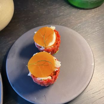 7 Adams - Amuse bouche : crab meat in beet cup - American Near Me - San Francisco, California 7 Adams - Amuse bouche : crab meat in beet cup - American Near Me - San Francisco, California