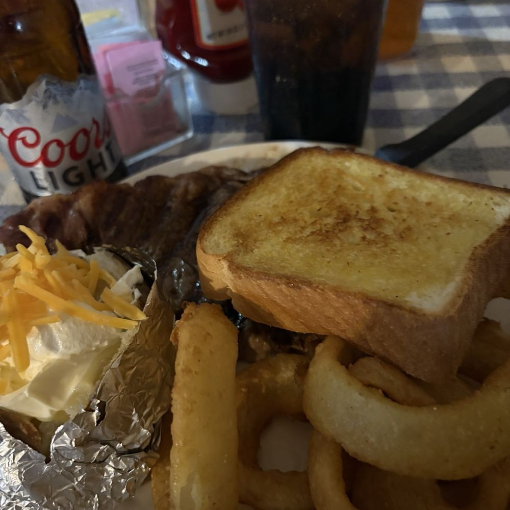 Ribeye, onion rings, potato, bread! Ribeye, onion rings, potato, bread!