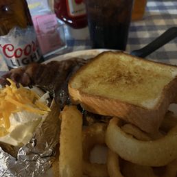 Ribeye, onion rings, potato, bread! Ribeye, onion rings, potato, bread!