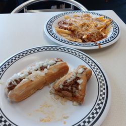 George's Greek Coney Island - 1 1/2 original coneys with mustard, onion, and coney sauce and a side of chili cheese fries. The missing half coney was in my belly.