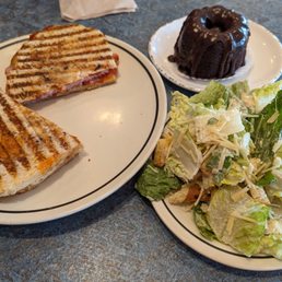 Italian panini, side Caesar and chocolate bundt cake. 100% awesome!
