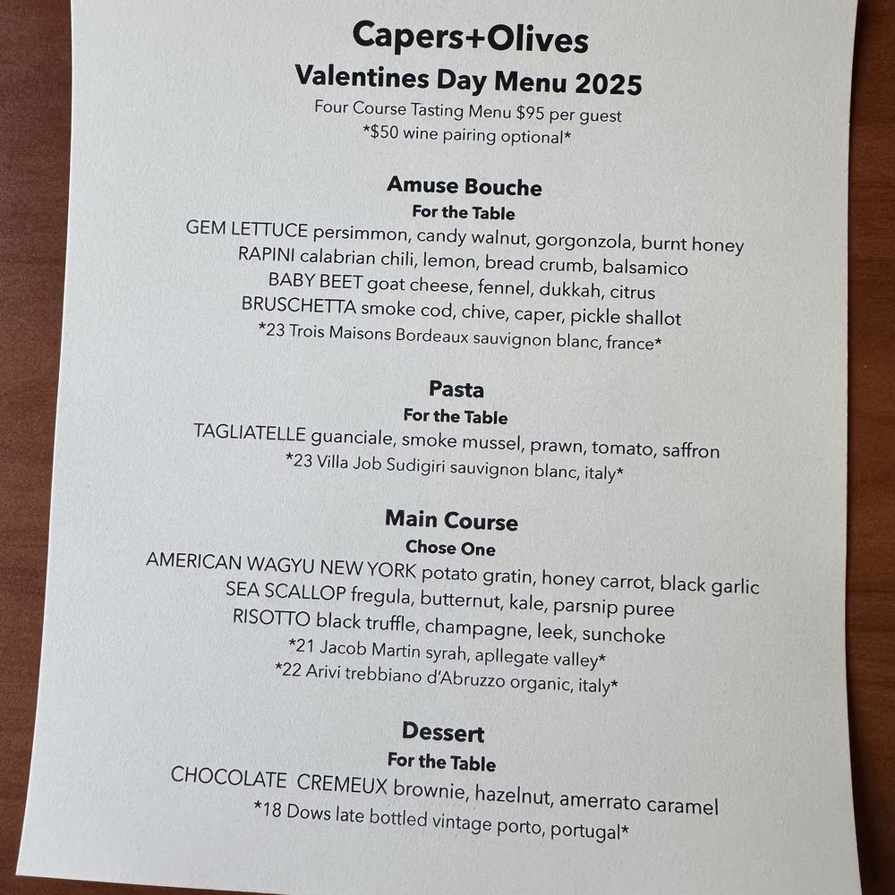 Capers + Olives - The Valentine  Menu 2025 - Italian Near Me - Everett, Washington