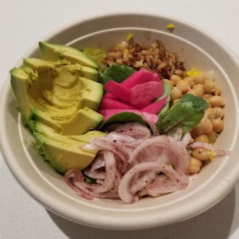 SAJJ Mediterranean - Rice bowl with chickpea, cauliflower, onion, and pickled turnip. I added the avacado at home - Mediterranean Near Me - San Bruno, California SAJJ Mediterranean - Rice bowl with chickpea, cauliflower, onion, and pickled turnip. I added the avacado at home - Mediterranean Near Me - San Bruno, California