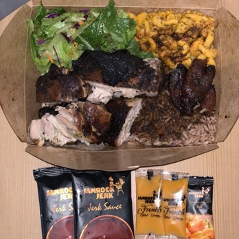 Jamrock Jerk - Jerked Chicken Plate (~$15): served with Rice & Peas, Fried Plantains, and Fresh Salad + Mac & Cheese add-on (~$3) - Food Trucks Near Me - New York, New York Jamrock Jerk - Jerked Chicken Plate (~$15): served with Rice & Peas, Fried Plantains, and Fresh Salad + Mac & Cheese add-on (~$3) - Food Trucks Near Me - New York, New York