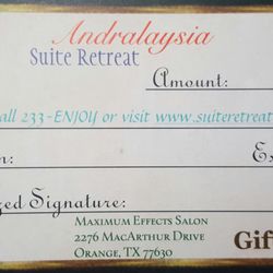 Andralaysia Suite Retreat - Service gift certificates available and or range of dollar amounts. Also, check out the Christmas Bundle, with warming spa treatments.
