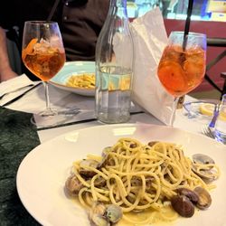 A' Mare - Pasta with clams and seafood carbonara. Aperol spritzes