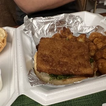 Grandstand Burgers - 10/01/2022 - wifey's flat Fish Sandwich. Not impressed. - Burgers Near Me - Shawnee, Kansas