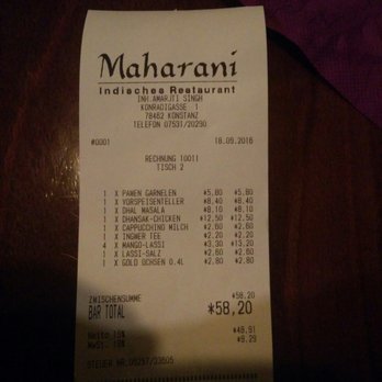 Maharani - Rechnung für 3 Personen - Indian Near Me - Konstanz, BW