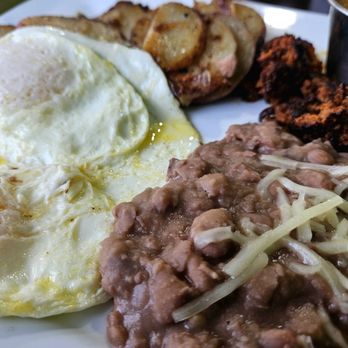 Waterfalls Cafe - Huevos Rancheros ( burned chorizo on the side) - American Near Me - Spring, Texas